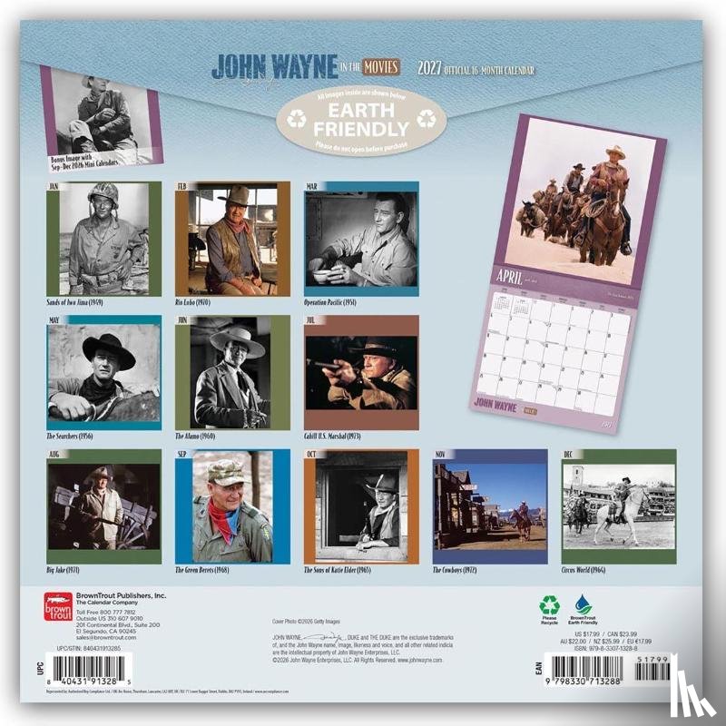 Browntrout - John Wayne in the Movies Official 2027 12 X 24 Inch (Hanging) Monthly Square Wall Calendar Plastic-Free