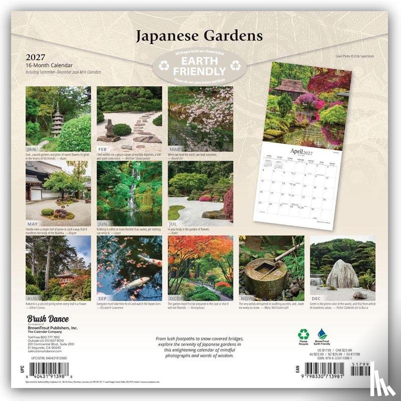 Brush Dance - Japanese Gardens | 2027 12 x 24 Inch (Hanging) Monthly Square Wall Calendar | Plastic-Free | Brush Dance | Gardening Outdoor Home Country Nature