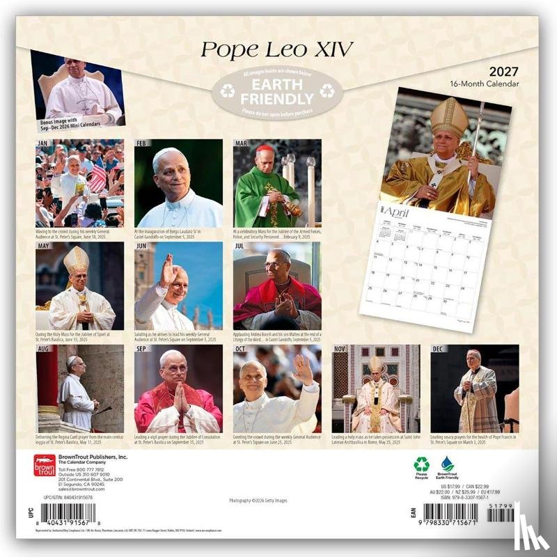 Browntrout - Pope Leo XIV 2027 12 X 24 Inch (Hanging) Monthly Square Wall Calendar Plastic-Free