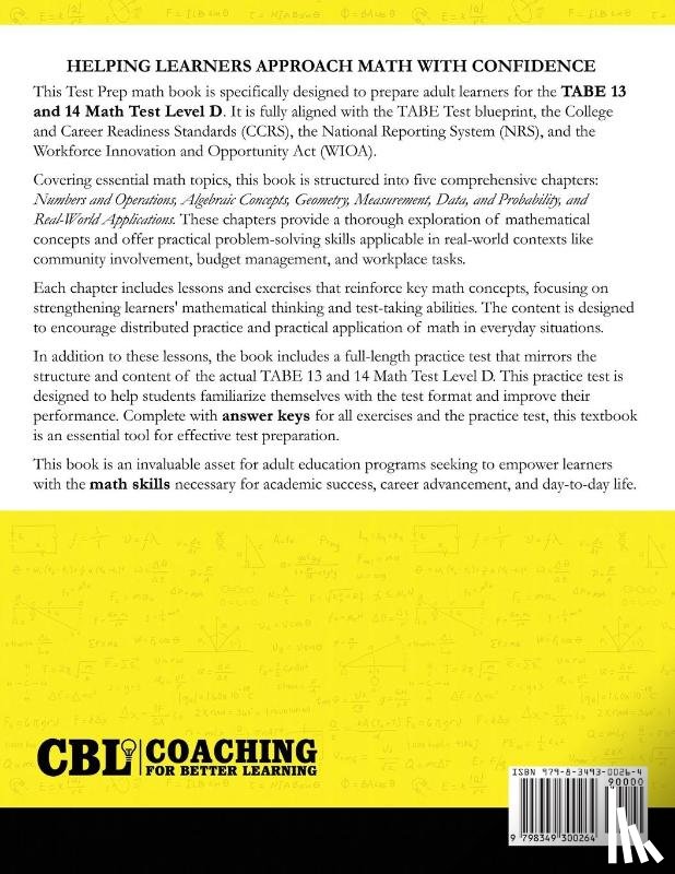 Coaching For Better Learning - Test Prep Book for TABE 13 and 14 Math Test Level D