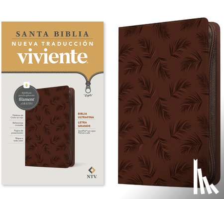 Tyndale - Biblia ultrafina NTV, letra grande de ziper con Filament (SentiPiel, Palmera cafe, Letra Roja)