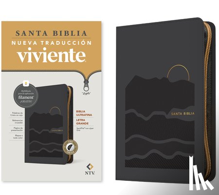 Tyndale - Biblia ultrafina NTV, letra grande de ziper con Filament (SentiPiel, Gris, Indice, Letra Roja)
